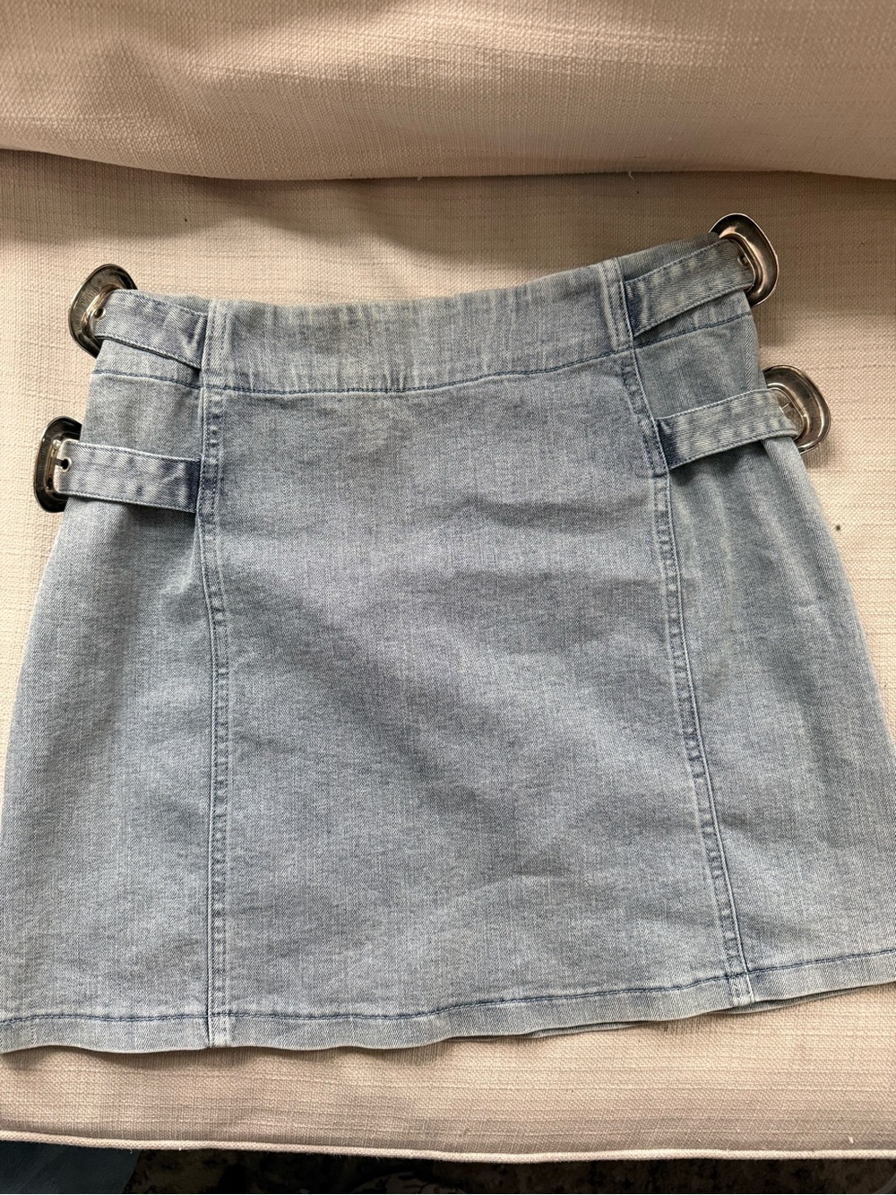Light Blue Denim Mini Skirt with Side Buckle Detail